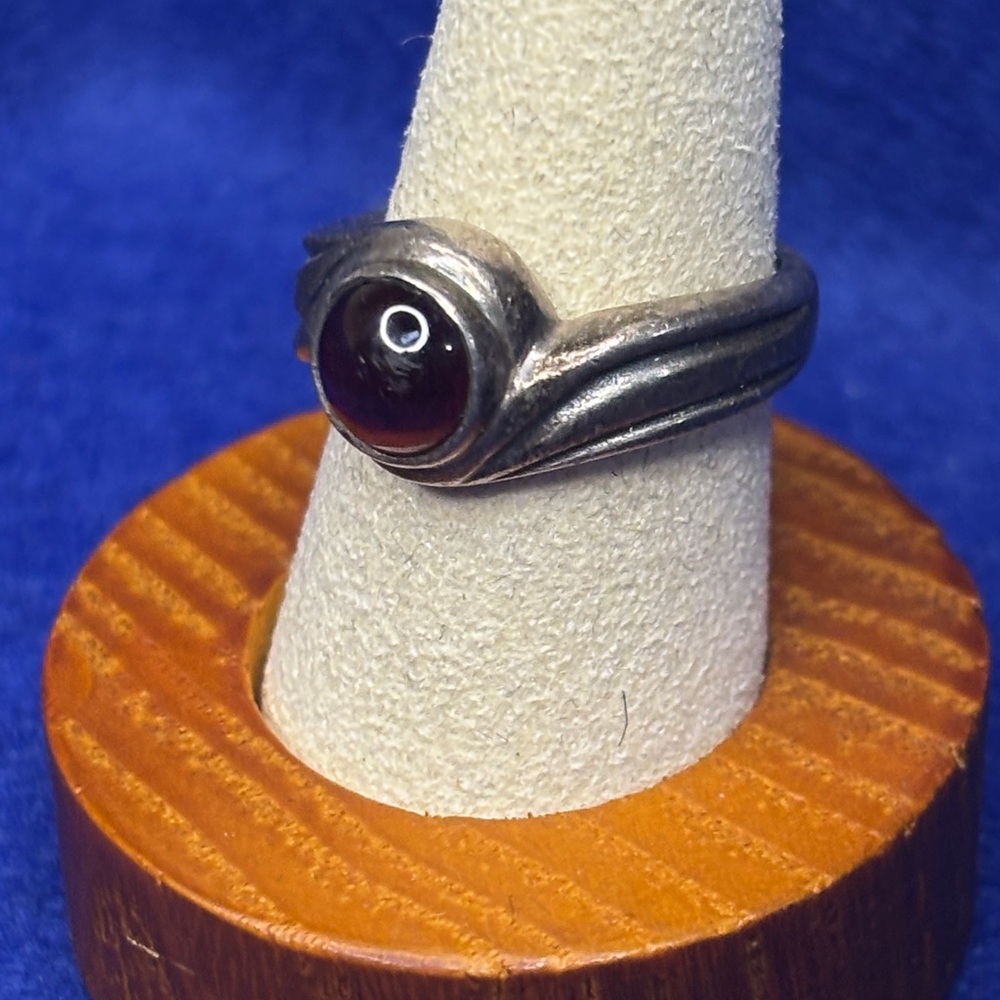 Sterling Silver Garnet Cabochon Ring - Deep Red